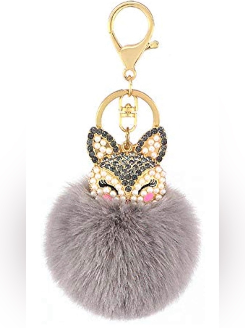 NEW Rhinestone Fox Pom Pom Bag/Purse Charm - gray